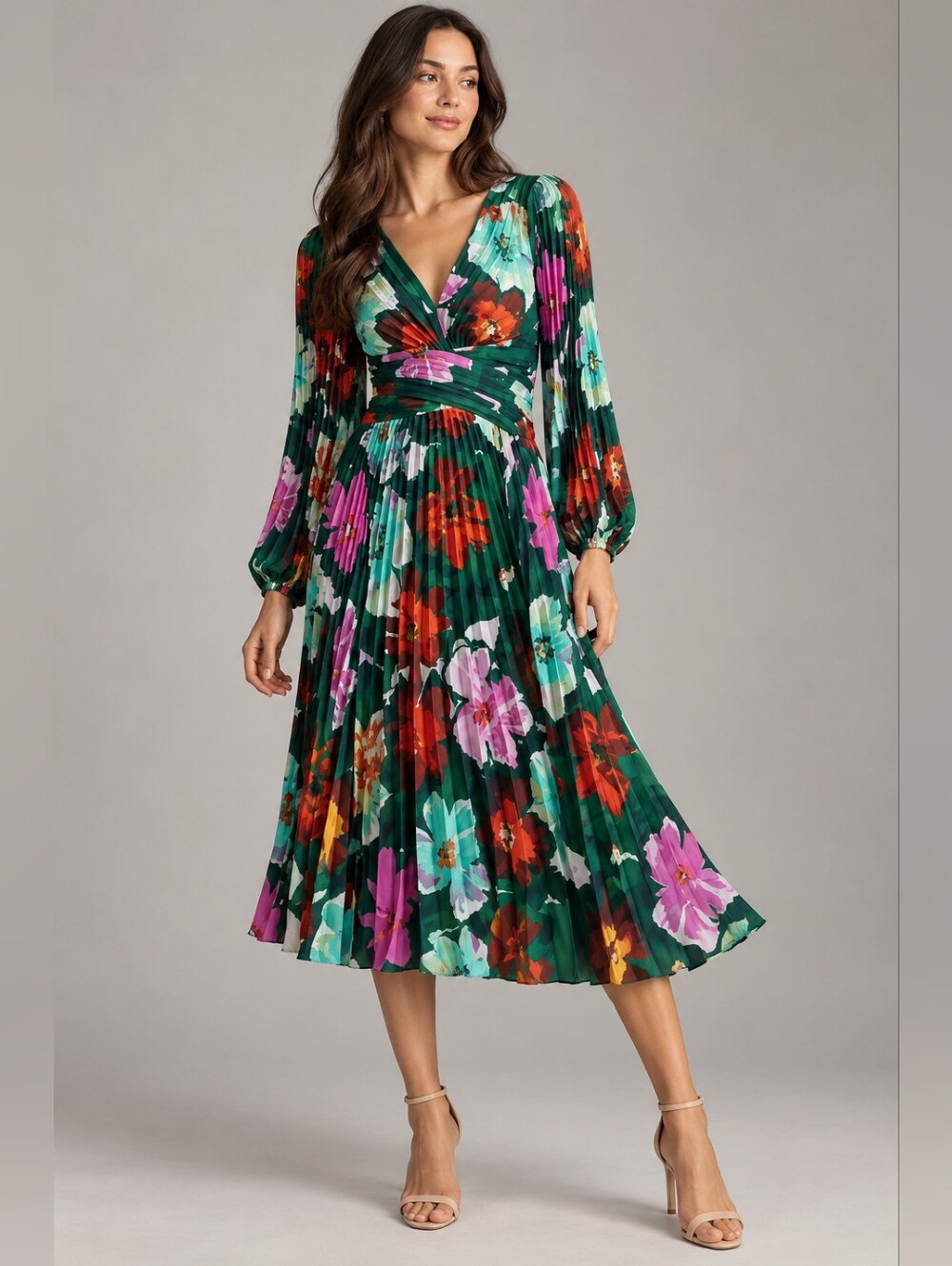 NWT Maeve Anthropologie Pleated Green Floral Pleated Midi Dress - Elegant V-Neck